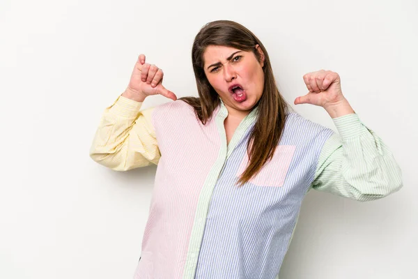 Young Caucasian Overweight Woman Isolated White Background Feels Proud Self — Stock Photo, Image