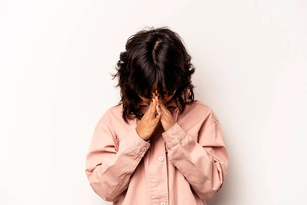 Young Hispanic Woman Isolated White Background Praying Showing Devotion Religious — Foto Stock