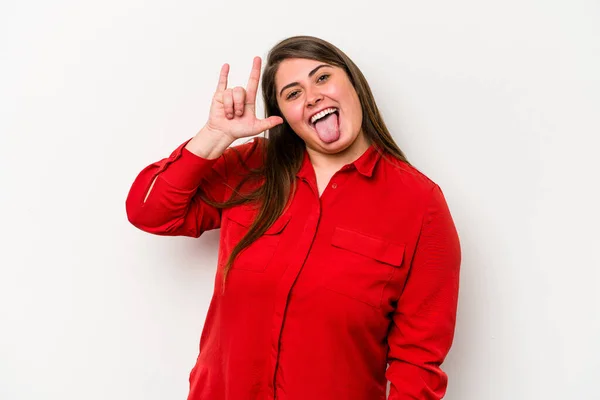 Young Caucasian Overweight Woman Isolated White Background Showing Horns Gesture — Stock Photo, Image