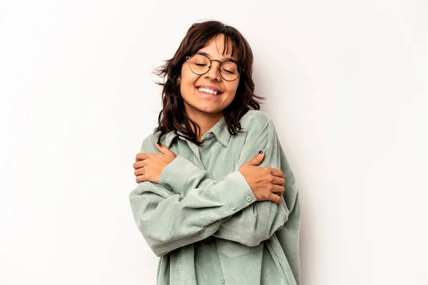 Young Hispanic Woman Isolated White Background Hugs Smiling Carefree Happy — Foto de Stock