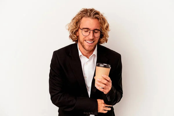 Young Caucasian Business Man Holding Coffee Isolated White Background Laughing — 스톡 사진