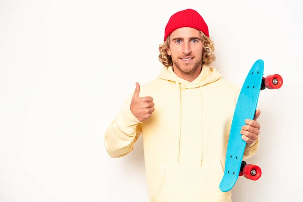 Young Skater Caucasian Man Isolated White Background Smiling Raising Thumb — Stok fotoğraf