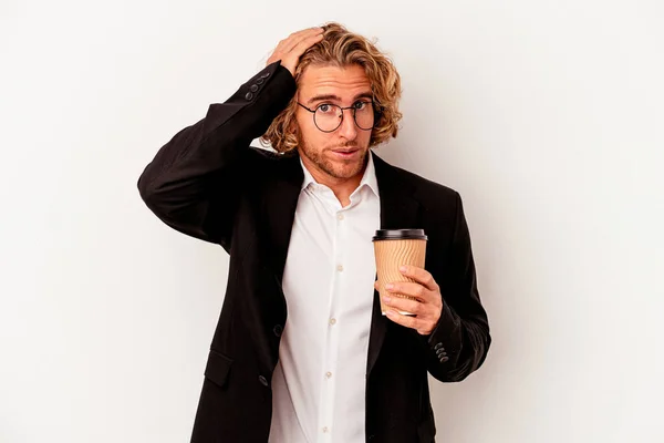 Young Caucasian Business Man Holding Coffee Isolated White Background Being — Stok fotoğraf