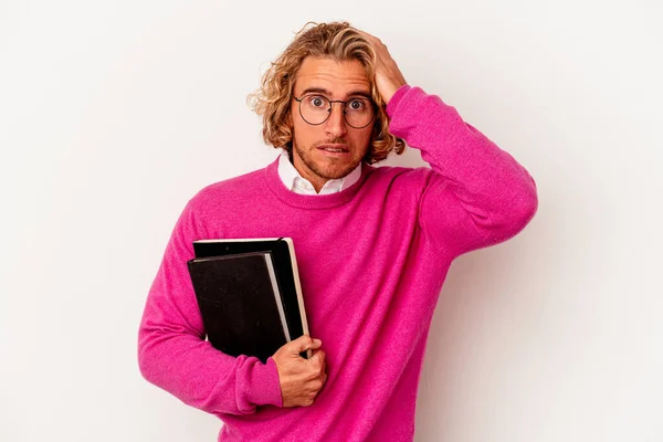 Young Student Caucasian Man Isolated White Background Being Shocked She — Stock Photo, Image