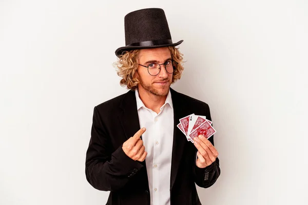 Young Magician Caucasian Man Holding Magic Cards Isolated White Background — ストック写真