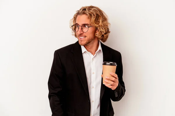 Young Caucasian Business Man Holding Coffee Isolated White Background Looks — 스톡 사진