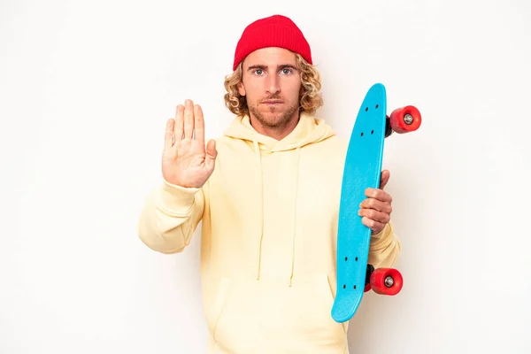 Young Skater Caucasian Man Isolated White Background Standing Outstretched Hand — Stok fotoğraf