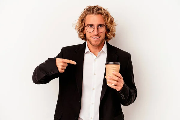 Young Caucasian Business Man Holding Coffee Isolated White Background Person — Stockfoto