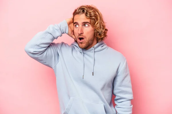 Young Caucasian Man Isolated Pink Background Being Shocked She Has — Stock Photo, Image