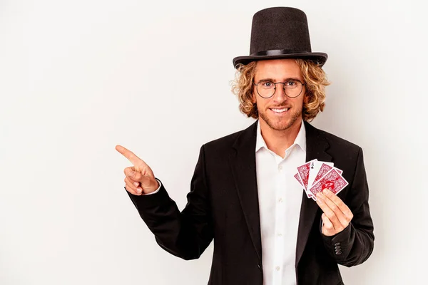 Young Magician Caucasian Man Holding Magic Cards Isolated White Background — ストック写真