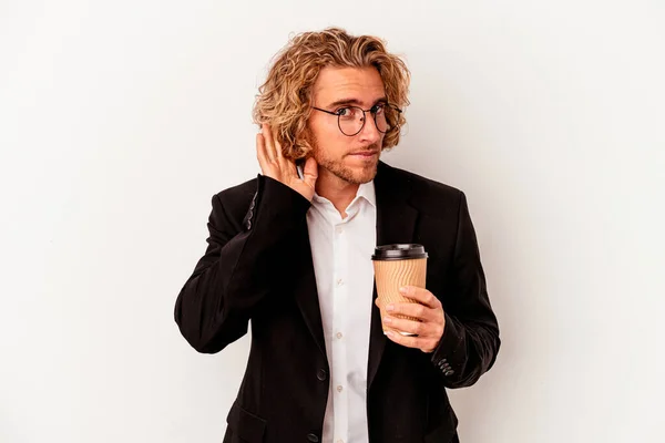 Young Caucasian Business Man Holding Coffee Isolated White Background Trying — Stok fotoğraf