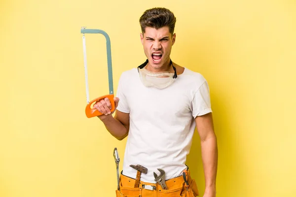 Young Electrician Caucasian Man Isolated Yellow Backgroun — 스톡 사진