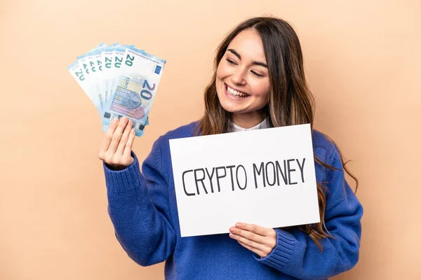 Young Caucasian Woman Holding Bitcoin Placard Banknotes Isolated Beige Background —  Fotos de Stock