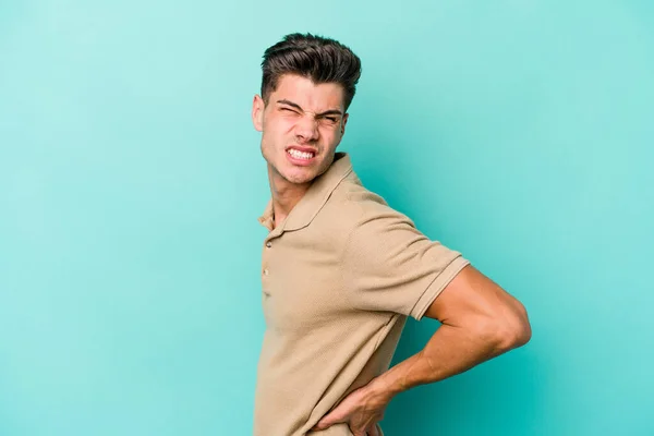 Young Caucasian Man Isolated Blue Background Suffering Back Pain — Stock Photo, Image