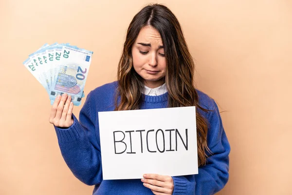 Young Caucasian Woman Holding Bitcoin Placard Banknotes Isolated Beige Background — Photo