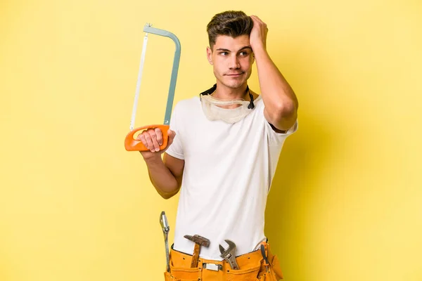 Young Electrician Caucasian Man Isolated Yellow Backgroun — 스톡 사진