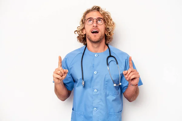 Young Nurse Caucasian Man Isolated White Background Pointing Upside Opened — Stock Photo, Image