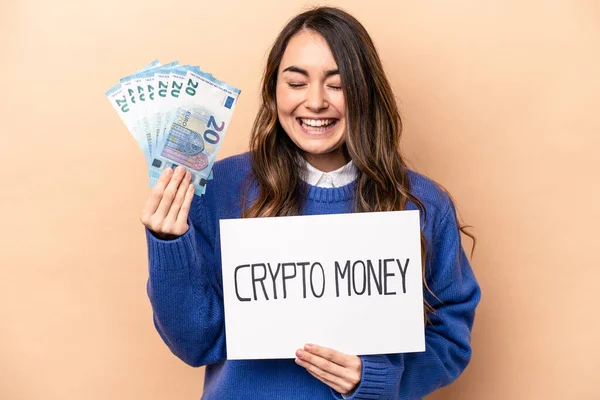 Young Caucasian Woman Holding Bitcoin Placard Banknotes Isolated Beige Background — Zdjęcie stockowe