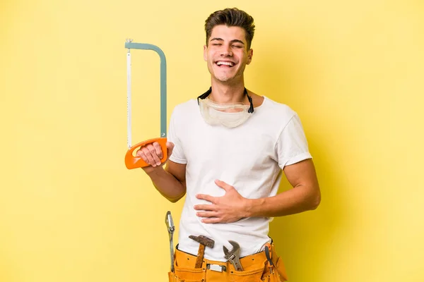 Young Electrician Caucasian Man Isolated Yellow Backgroun — Foto Stock