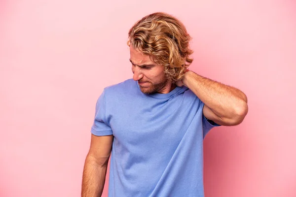 Young Caucasian Man Isolated Pink Background Suffering Neck Pain Due — Stock Photo, Image
