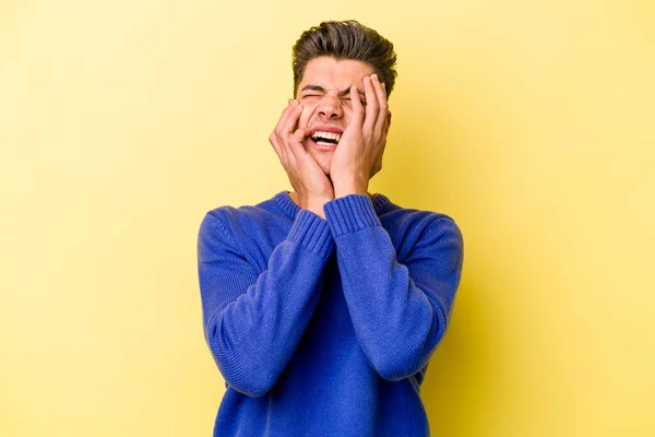 Young Caucasian Man Isolated Yellow Background Whining Crying Disconsolately — Stock Photo, Image