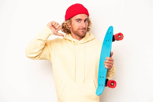 Young Skater Caucasian Man Isolated White Background Feels Proud Self — Stok fotoğraf