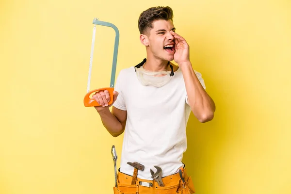 Young Electrician Caucasian Man Isolated Yellow Backgroun — Foto Stock