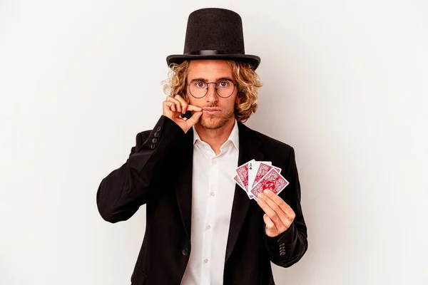 Young Magician Caucasian Man Holding Magic Cards Isolated White Background — ストック写真