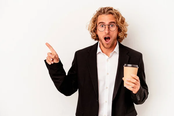 Young Caucasian Business Man Holding Coffee Isolated White Background Pointing — Foto Stock