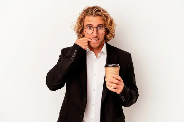 Young Caucasian Business Man Holding Coffee Isolated White Background Biting — ストック写真