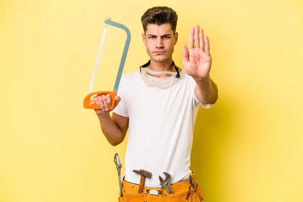 Young Electrician Caucasian Man Isolated Yellow Backgroun — Foto Stock