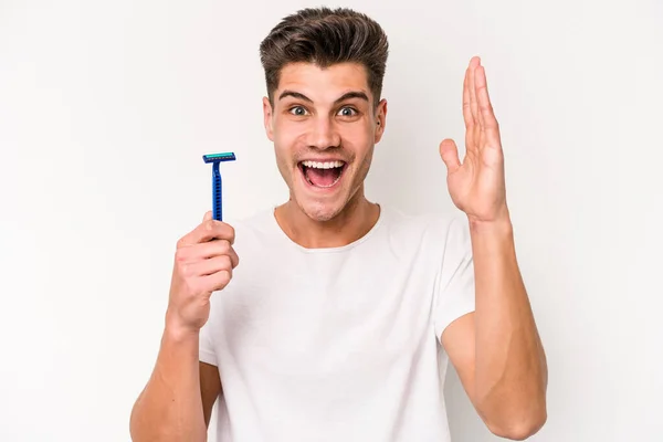 Young Caucasian Man Shaving His Beard Isolated White Background Receiving — 图库照片