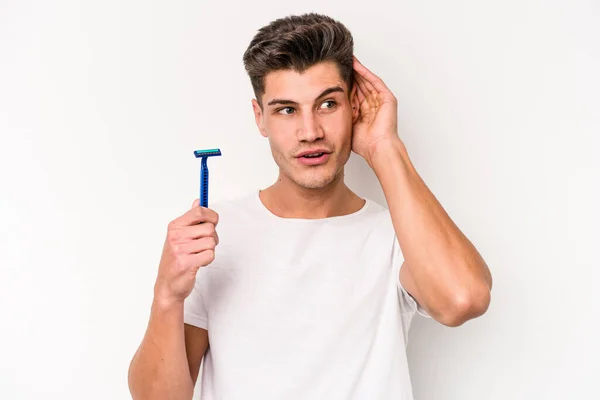Young Caucasian Man Shaving His Beard Isolated White Background Trying — 图库照片
