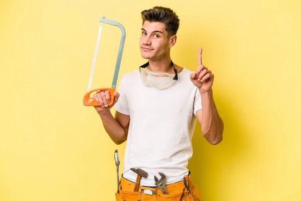 Young Electrician Caucasian Man Isolated Yellow Backgroun — 스톡 사진