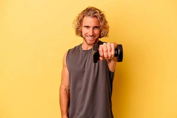 Young Sport Man Making Weightlifting Isolated Yellow Background — Foto Stock