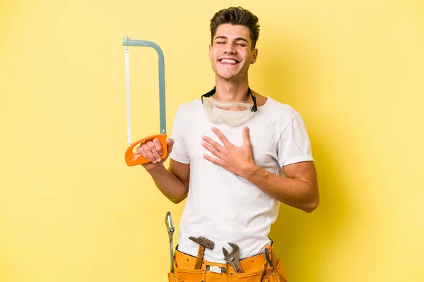 Young Electrician Caucasian Man Isolated Yellow Backgroun — 스톡 사진