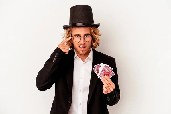 Young Magician Caucasian Man Holding Magic Cards Isolated White Background — ストック写真