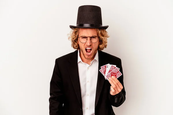 Young Magician Caucasian Man Holding Magic Cards Isolated White Background — 스톡 사진
