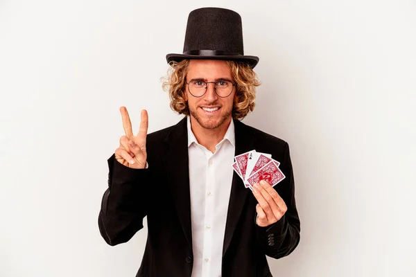 Young Magician Caucasian Man Holding Magic Cards Isolated White Background — ストック写真