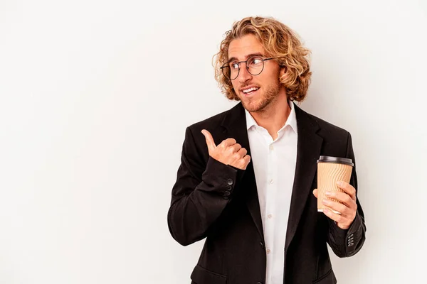 Young Caucasian Business Man Holding Coffee Isolated White Background Points — Stok fotoğraf