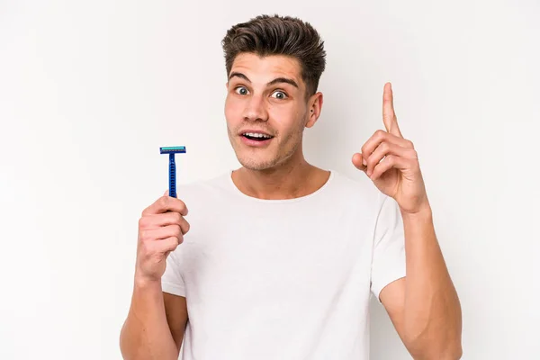 Young Caucasian Man Shaving His Beard Isolated White Background Having — 图库照片