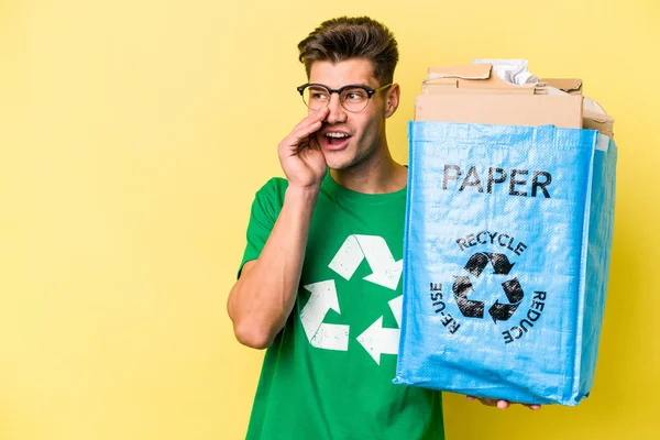Young Caucasian Man Holding Recycling Bag Full Paper Recycle Isolated — 图库照片