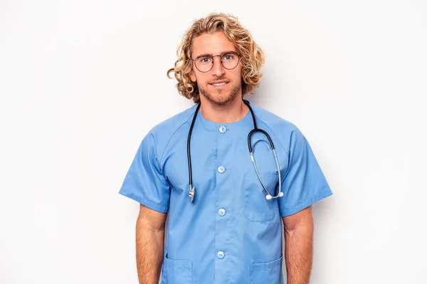 Young Nurse Caucasian Man Isolated White Background Happy Smiling Cheerful — Stockfoto