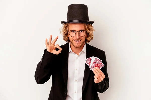 Young Magician Caucasian Man Holding Magic Cards Isolated White Background — ストック写真