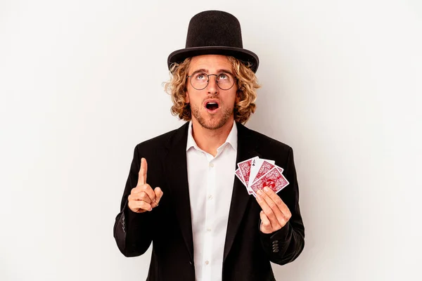 Young Magician Caucasian Man Holding Magic Cards Isolated White Background — ストック写真