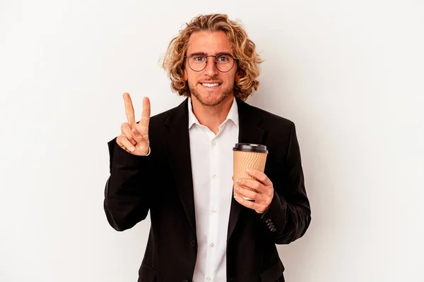 Young Caucasian Business Man Holding Coffee Isolated White Background Showing — 스톡 사진