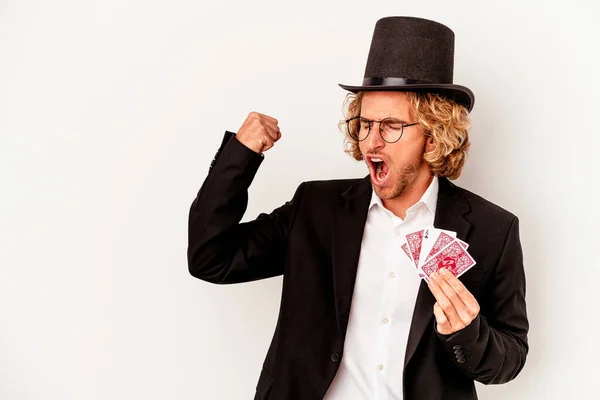 Young Magician Caucasian Man Holding Magic Cards Isolated White Background — ストック写真