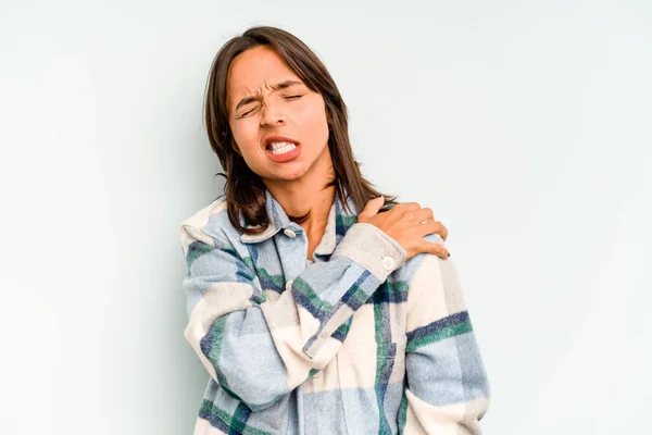 Young Hispanic Woman Isolated Blue Background Doubting Two Options — Stock Photo, Image