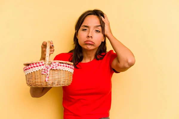 Young Hispanic Woman Going Picnic Isolated Yellow Background Being Shocked — Stock Photo, Image