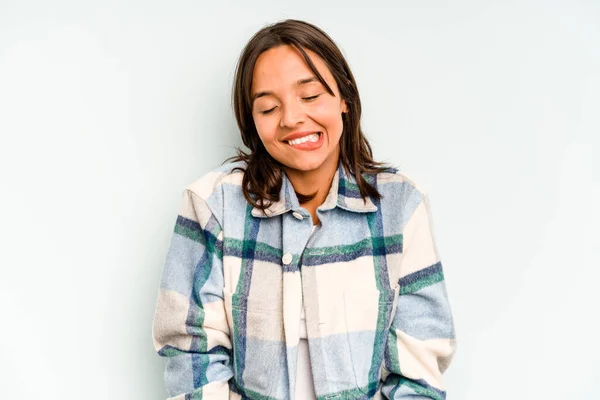 Mujer Hispana Joven Aislada Sobre Fondo Azul Siente Segura Dando — Foto de Stock